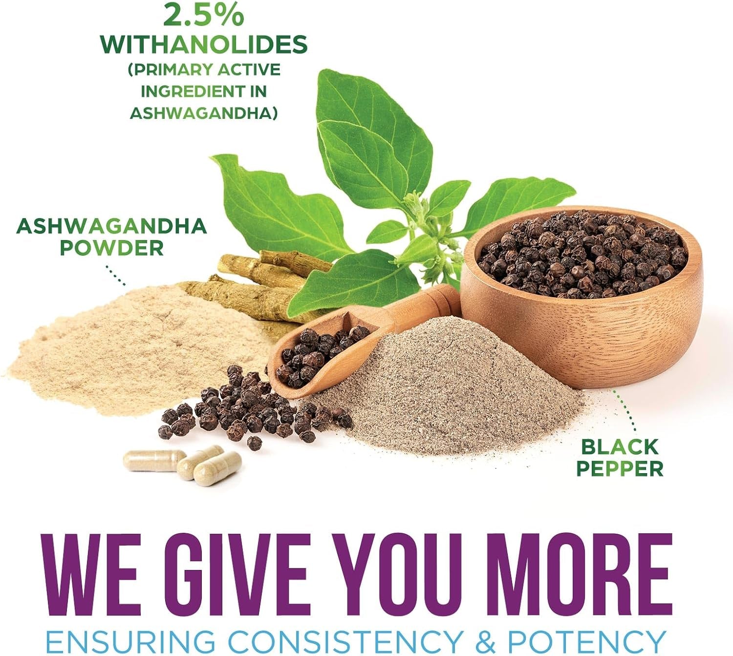 Ashwagandha Supplements 1100Mg - High-Absorption Ashwagandha Root Extract Powder with Black Pepper for Max Absorption - Herbal Supplement for Women & Men, Gluten Free, Bottled in USA - 60 Capsules