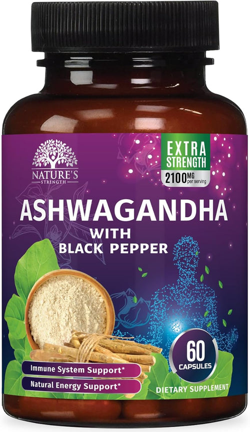 Ashwagandha Supplements 1100Mg - High-Absorption Ashwagandha Root Extract Powder with Black Pepper for Max Absorption - Herbal Supplement for Women & Men, Gluten Free, Bottled in USA - 60 Capsules