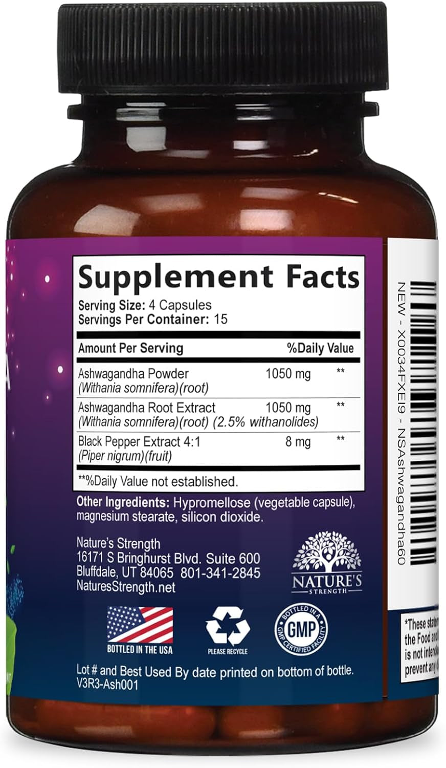 Ashwagandha Supplements 1100Mg - High-Absorption Ashwagandha Root Extract Powder with Black Pepper for Max Absorption - Herbal Supplement for Women & Men, Gluten Free, Bottled in USA - 60 Capsules