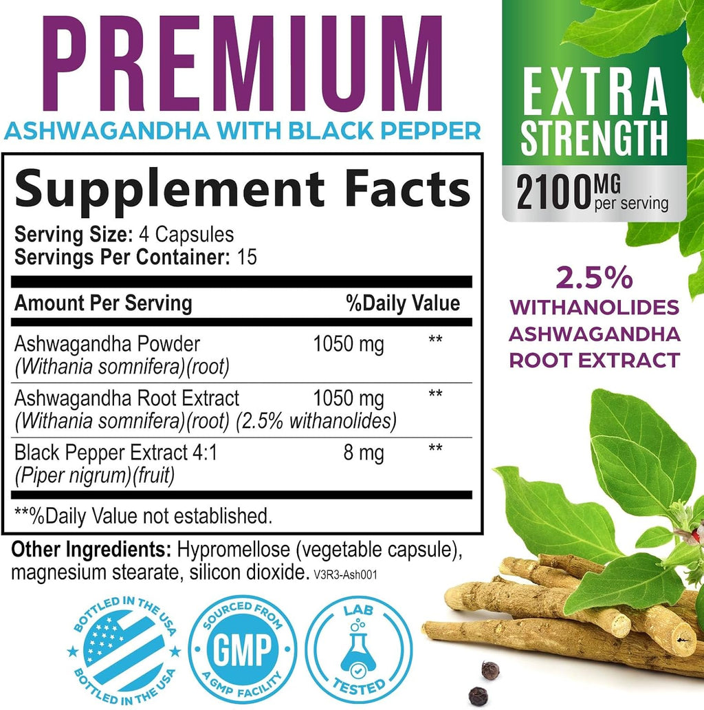 Ashwagandha Supplements 1100Mg - High-Absorption Ashwagandha Root Extract Powder with Black Pepper for Max Absorption - Herbal Supplement for Women & Men, Gluten Free, Bottled in USA - 60 Capsules