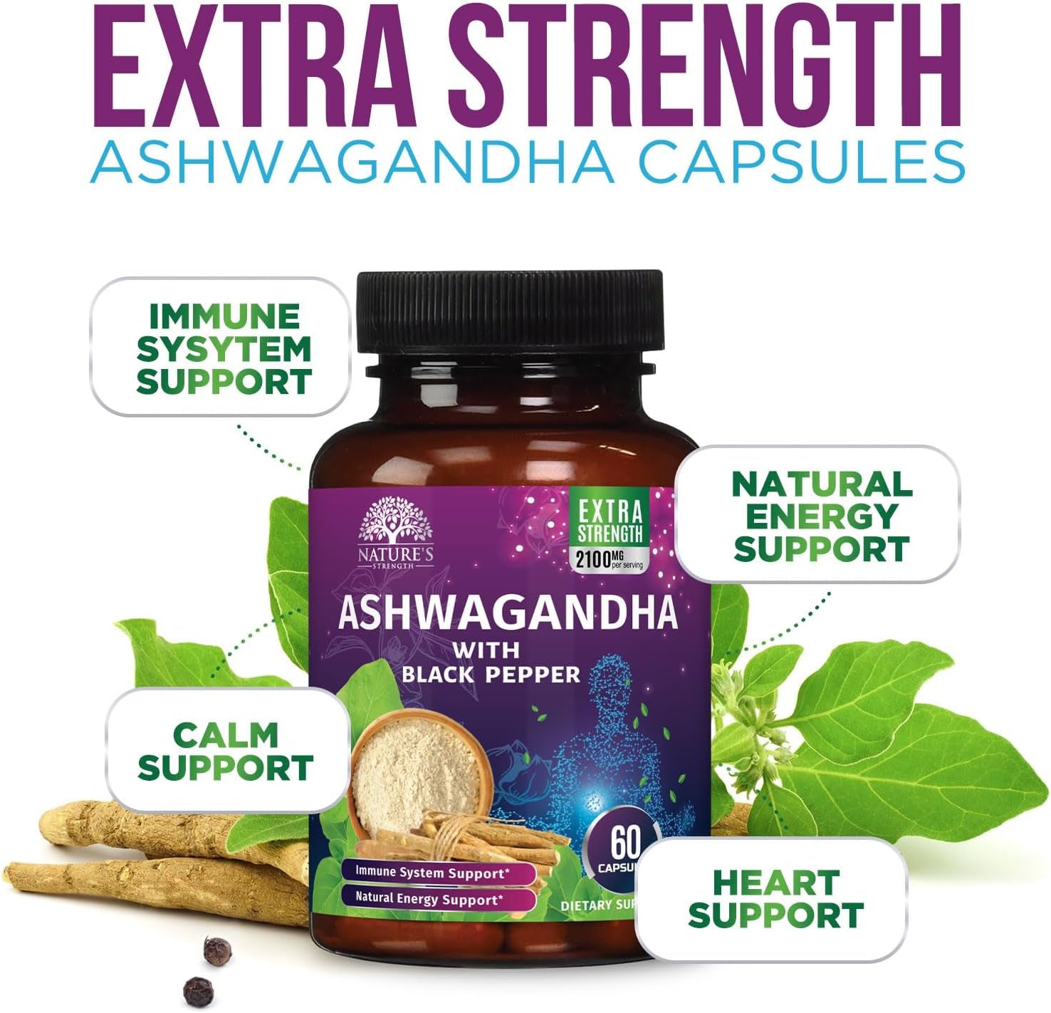 Ashwagandha Supplements 1100Mg - High-Absorption Ashwagandha Root Extract Powder with Black Pepper for Max Absorption - Herbal Supplement for Women & Men, Gluten Free, Bottled in USA - 60 Capsules