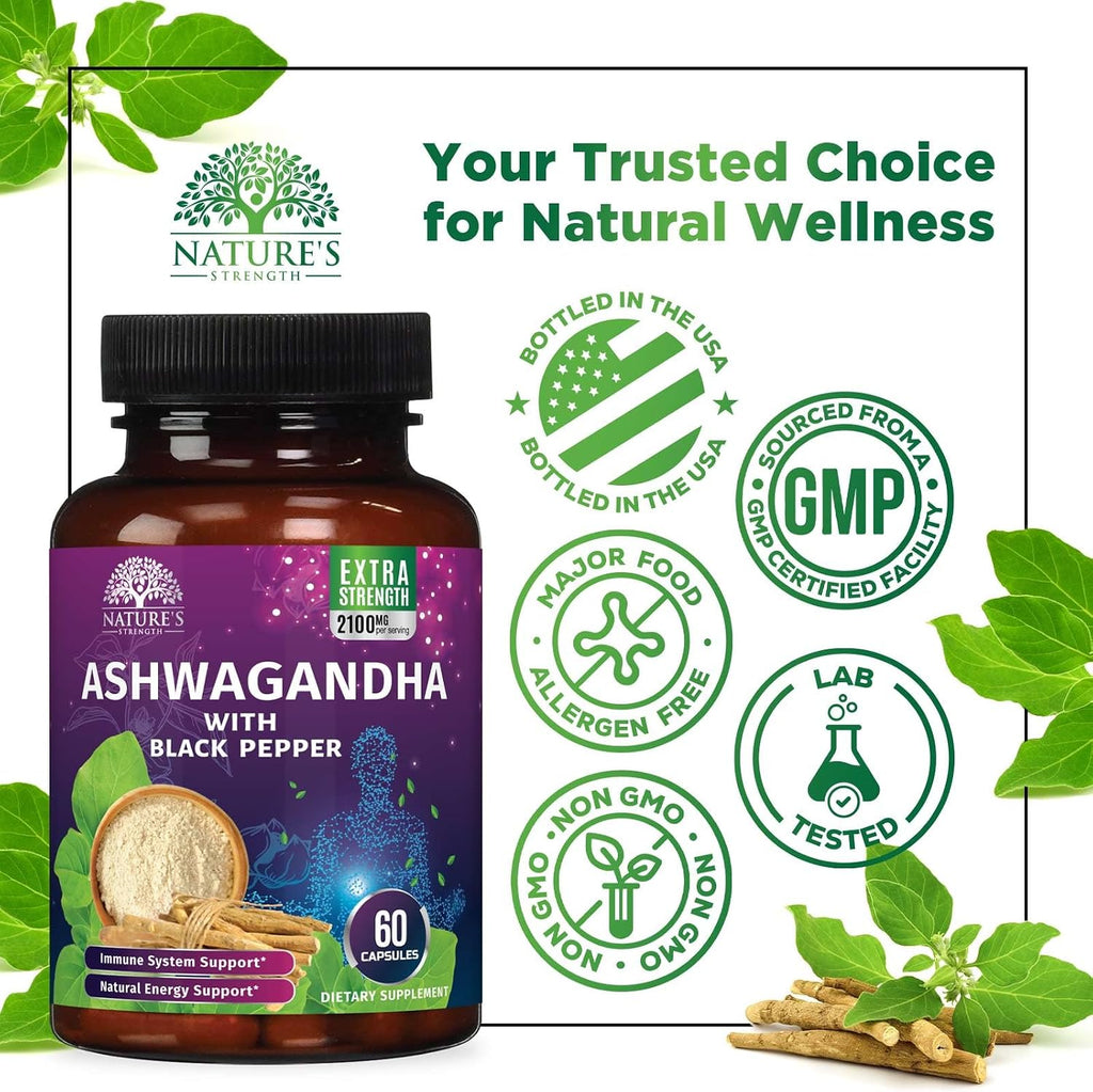 Ashwagandha Supplements 1100Mg - High-Absorption Ashwagandha Root Extract Powder with Black Pepper for Max Absorption - Herbal Supplement for Women & Men, Gluten Free, Bottled in USA - 60 Capsules