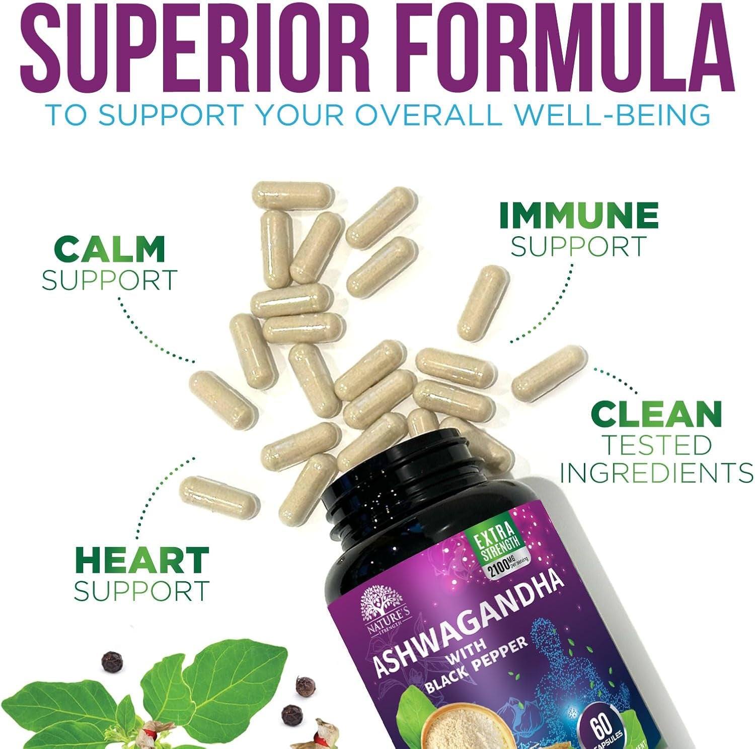 Ashwagandha Supplements 1100Mg - High-Absorption Ashwagandha Root Extract Powder with Black Pepper for Max Absorption - Herbal Supplement for Women & Men, Gluten Free, Bottled in USA - 60 Capsules